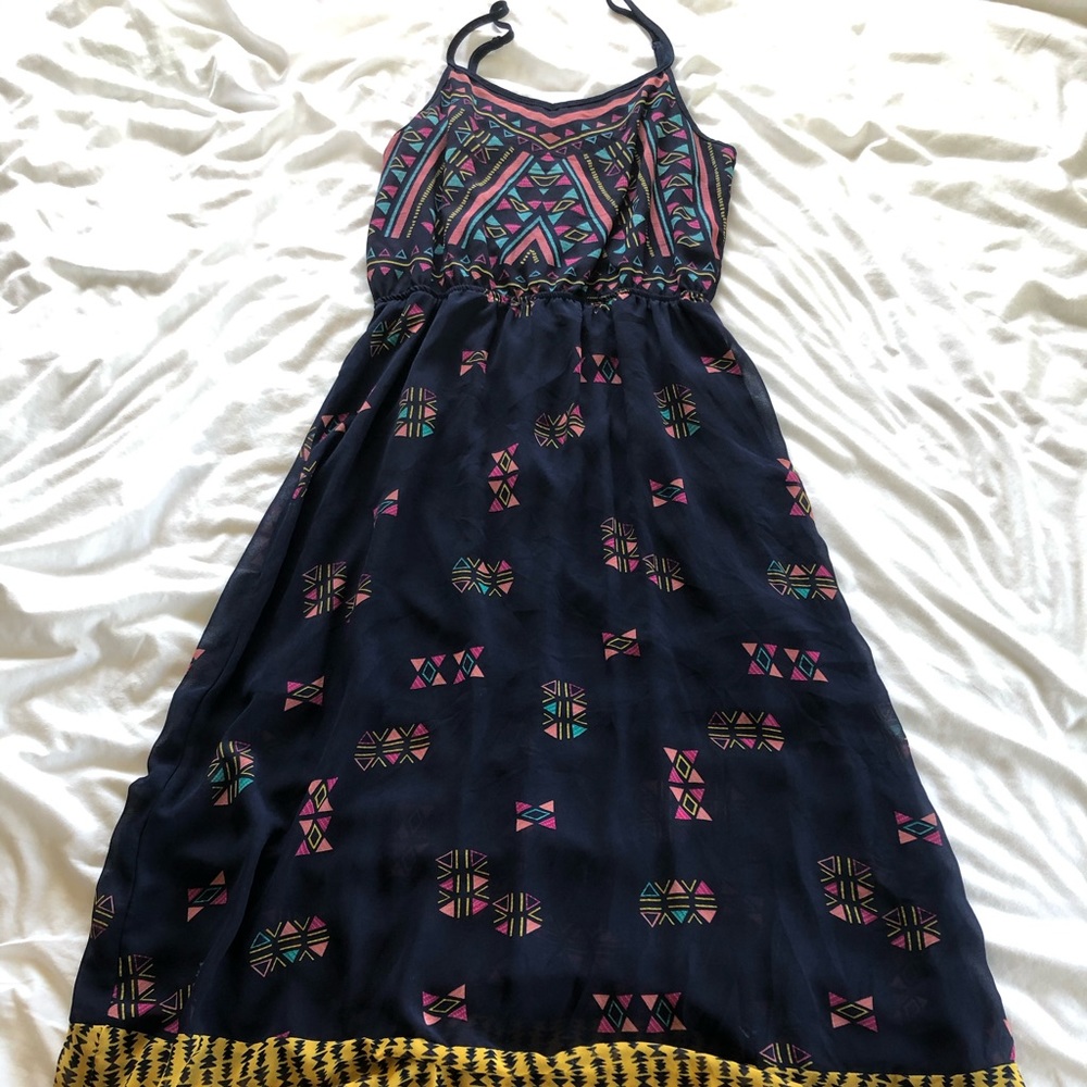 Navy blue maxi dress with multi colored shapes